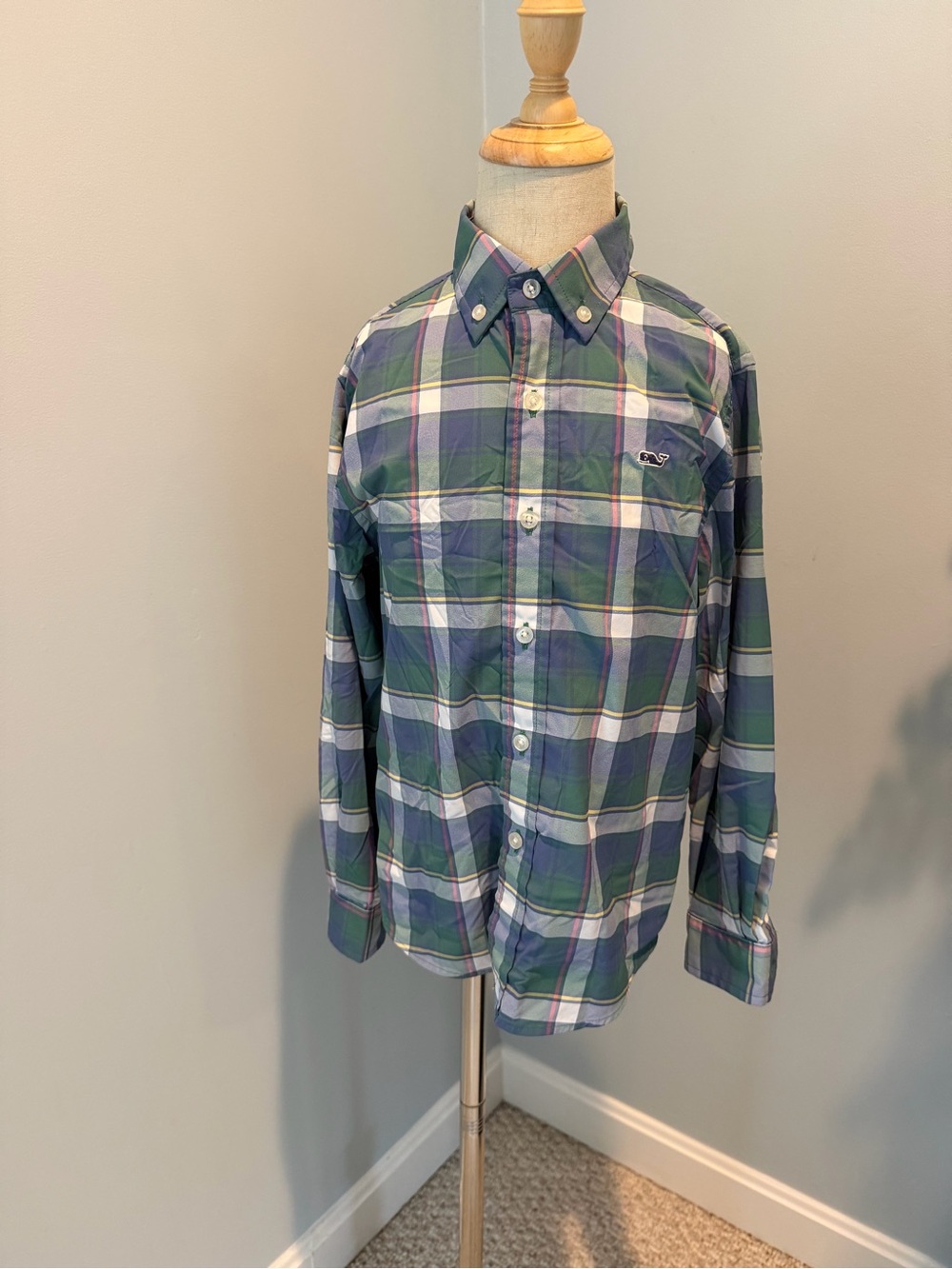 Vineyard Vines Green, Blue & White Plaid Boys' tech Button-Down Shirt